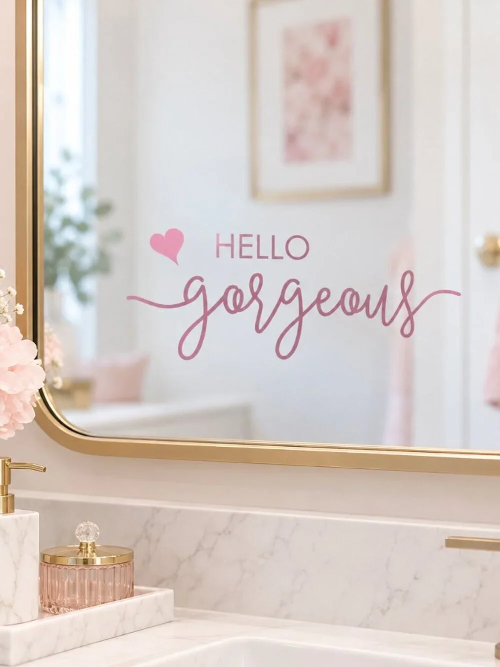 Hello Gorgeous Pink Wall Mirror Decal Heart Feminine Decor 6.2” NWT